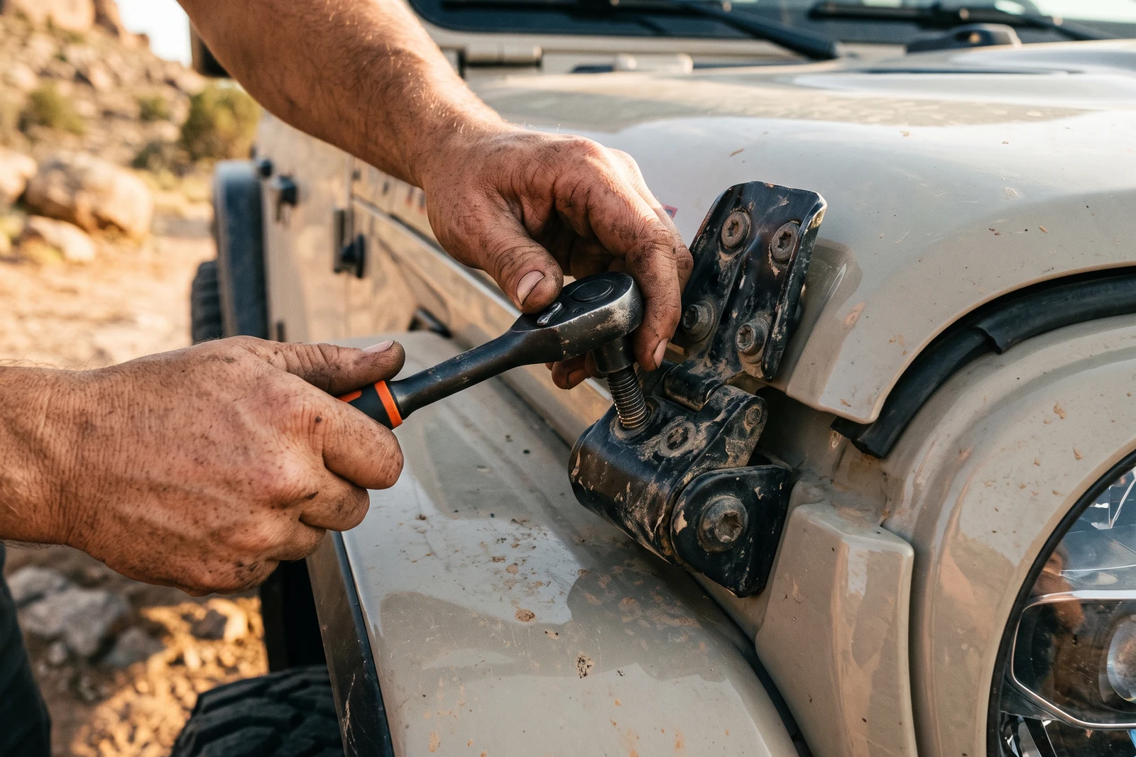 Close-up of hands working on a Jeep's hinge or hardware with a tool