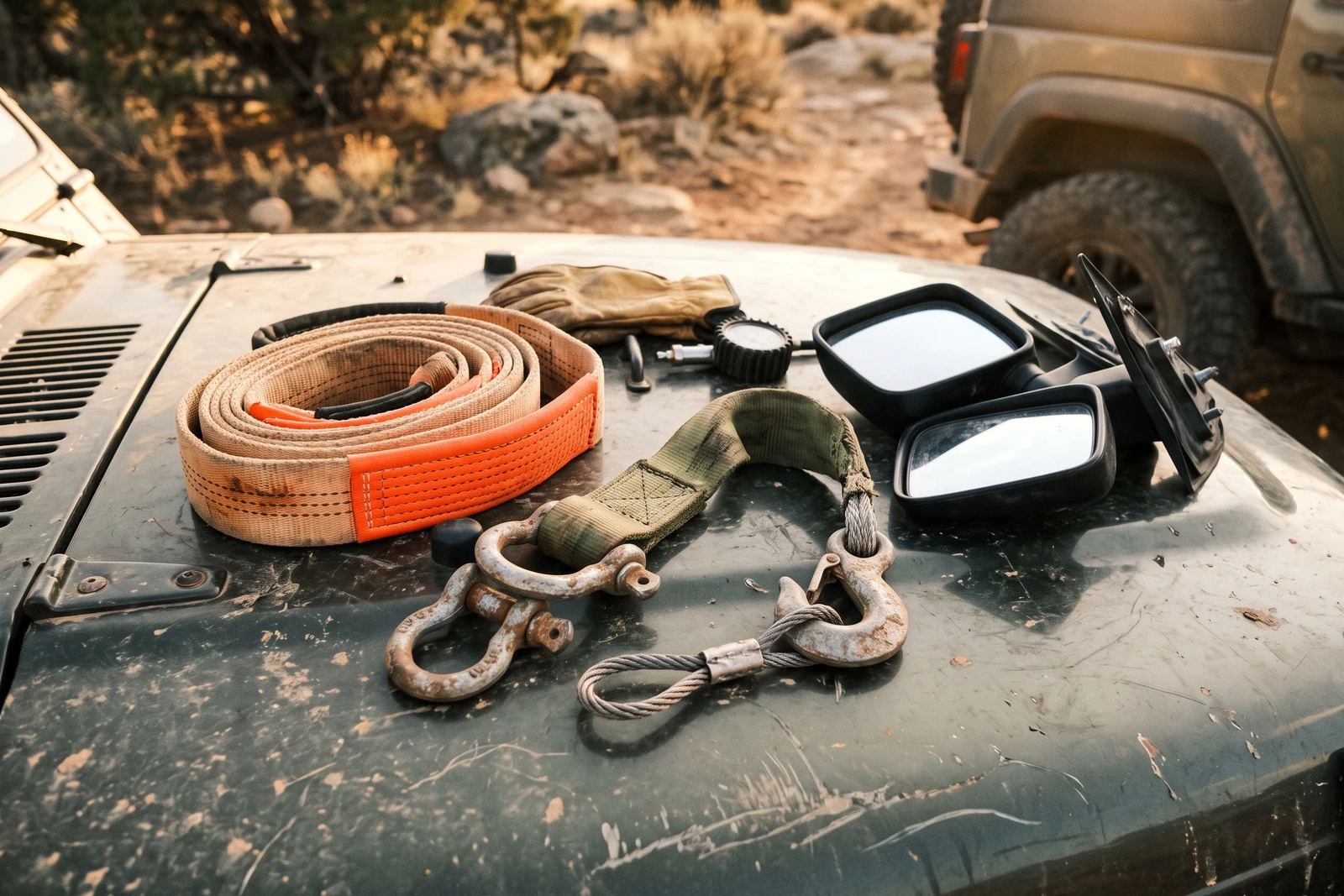 A flat-lay or close macro of real Jeep off-road gear (mirrors