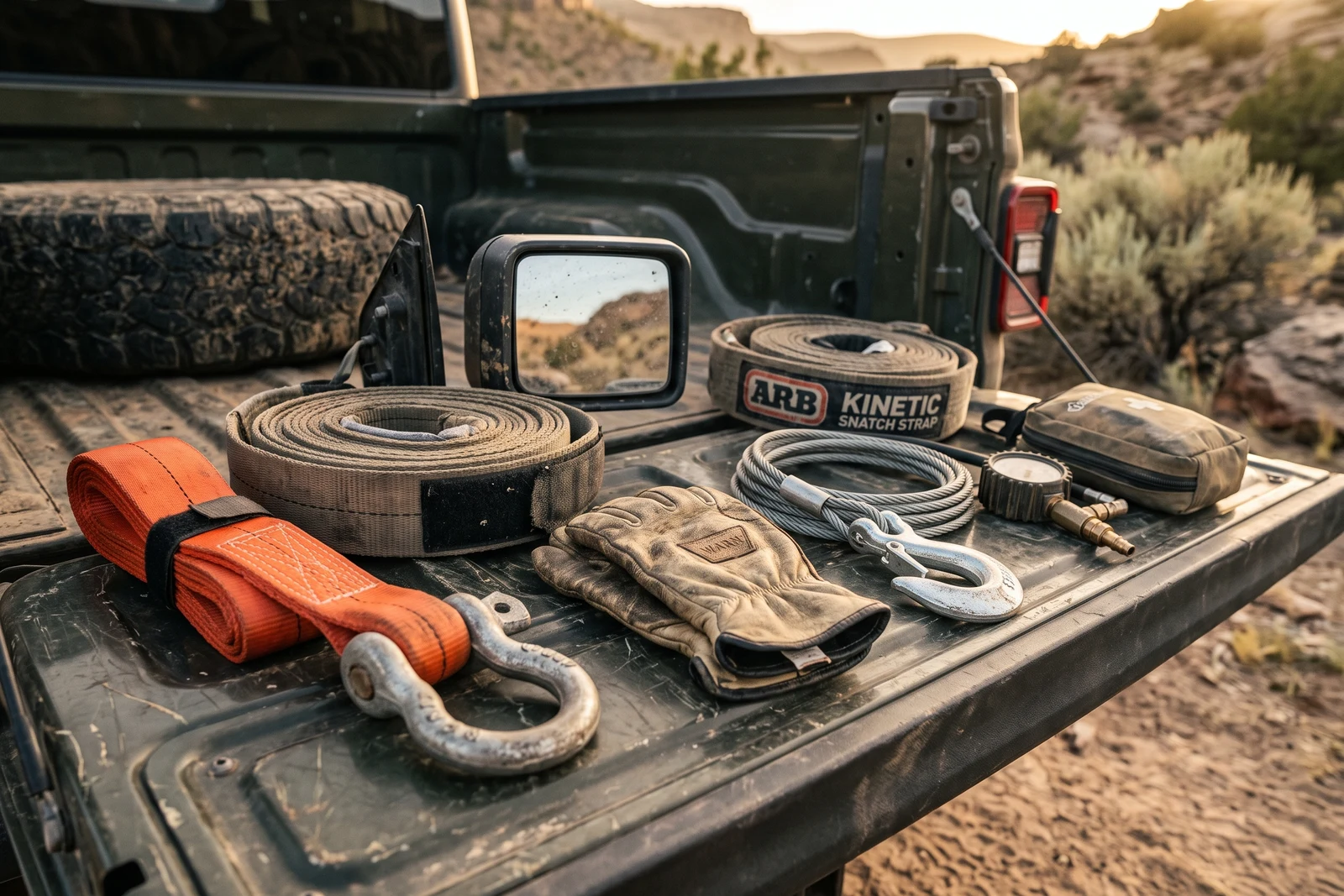 A flat-lay or close macro of real Jeep off-road gear (mirrors