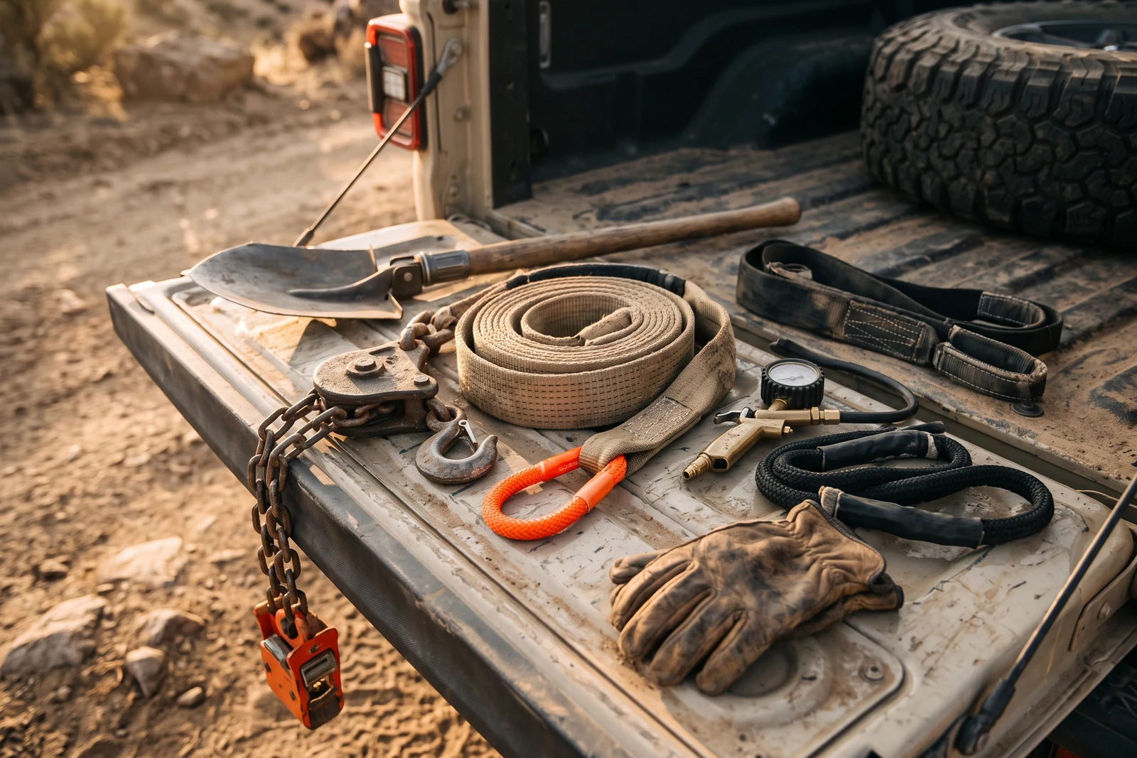 A flat-lay or close macro of real Jeep off-road gear (mirrors